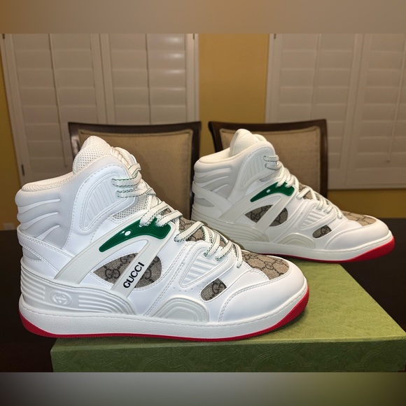 New Gucci High Top GG Supreme Logo White Tan Sneaker Shoes Size UK 10 / US 10.5 - Picture 5 of 15
